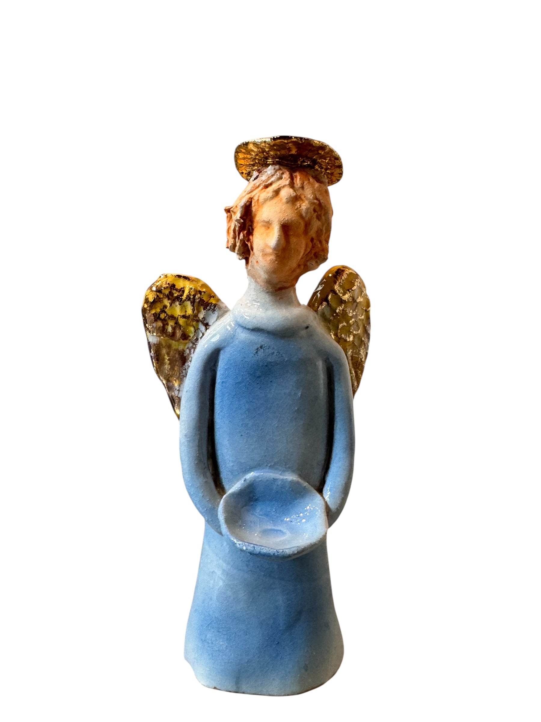 Angeli by Dominico Pinto, Angels, Sculptures, Table top ornaments, Gold accents, blue and white, geometric quilting, ceramic, folk art