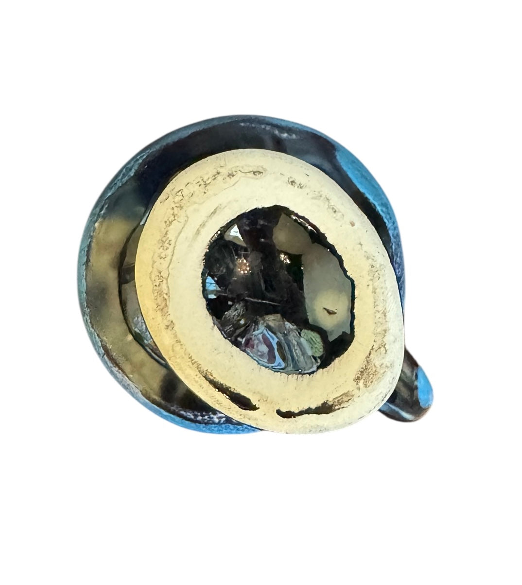 Complete mid-century ceramic tea set with teapot, sugar bowl, cups, and saucers, featuring a bold blue and black "lava drip" glaze reminiscent of Vallauris pottery.