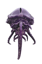 A glossy, deep purple ceramic sculpture of a beetle by Enza Fasano. The piece features a highly stylized and ornate design, blending insect-like anatomy with fantastical elements. It has a smooth, rounded shell and elongated, curved mandibles and appendages lined with sharp, thorn-like protrusions. The monochromatic glaze is reflective, highlighting the intricate sculptural details and textures of the avant-garde artwork.
