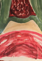 An abstract watercolor painting featuring a central red conical shape framed by large green arches, with a horizontal red wash at the bottom.