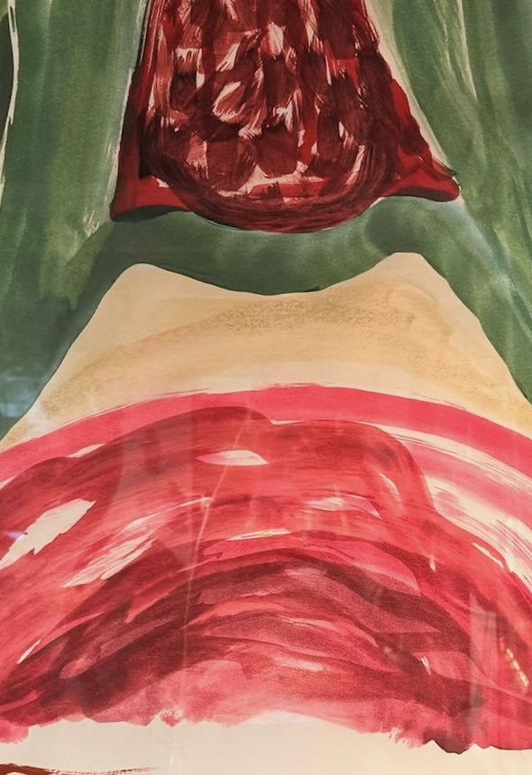 An abstract watercolor painting featuring a central red conical shape framed by large green arches, with a horizontal red wash at the bottom.