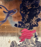 A vibrant abstract painting on a metallic gold-toned panel characterized by dense, energetic layering. The palette is dominated by saturated pinks, deep blacks, and earthy oranges.
In the upper half, horizontal strokes of orange and pink suggest a sunset or landscape, while the lower half features heavy, gestural applications of black paint that anchor the composition. Fine, white or silver linear scribbles are scratched into or layered over the pigment, adding a sense of frantic movement.