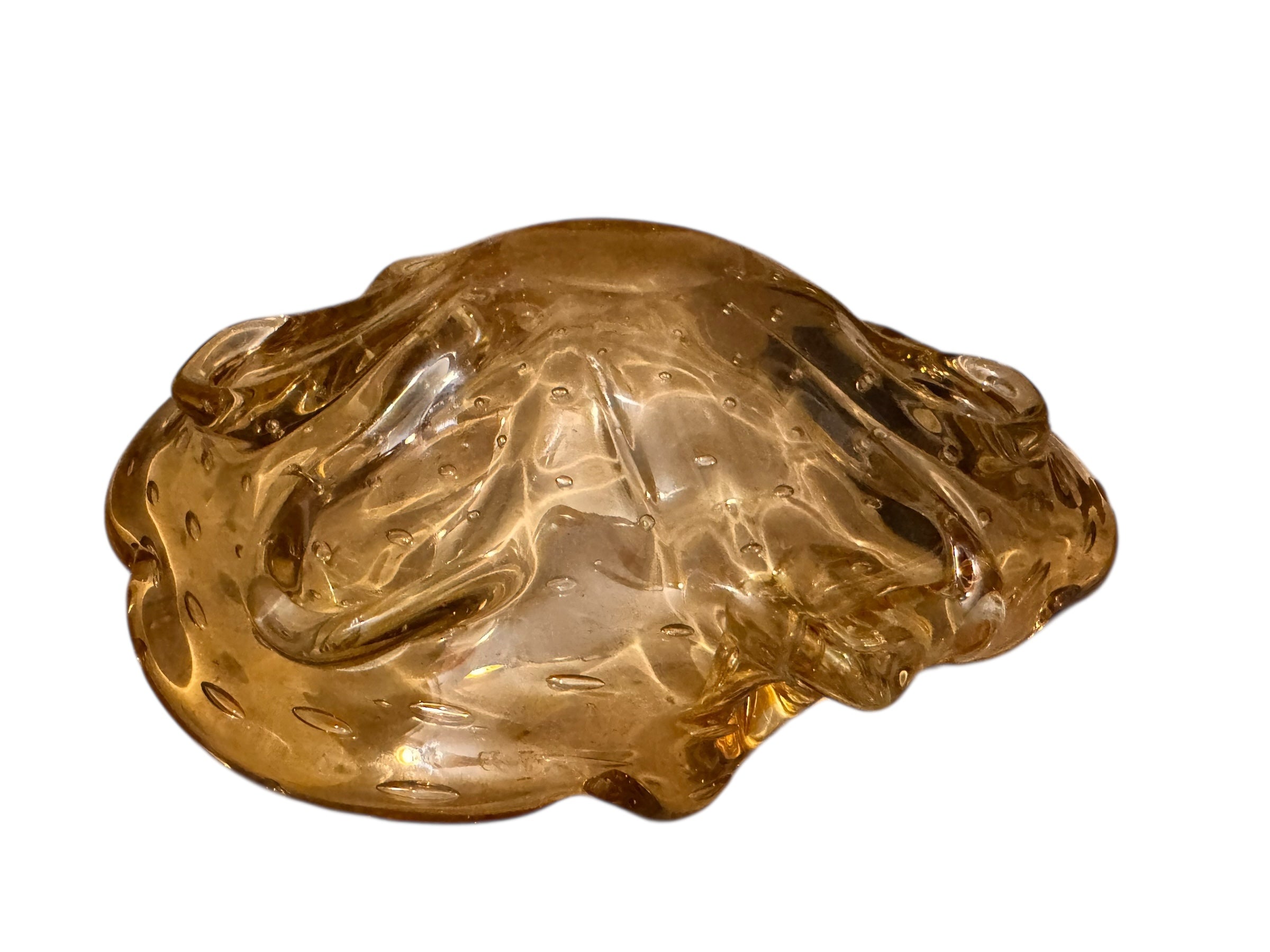 Scalloped amber yellow art glass ashtray with controlled bubbles