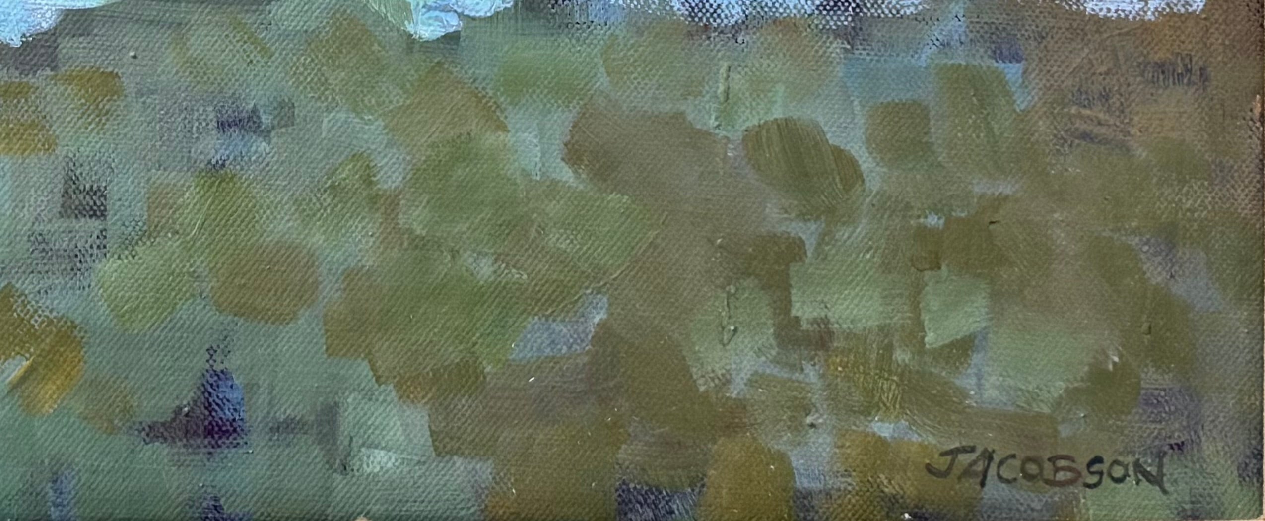 An oil painting by Laura Jacobson featuring three stylized trees with green and brown leaves in a field.