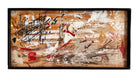 horizontal rectangular mixed media abstract artwork by J. Rogers, dated 2010, presented in a thin black frame. The composition is set against a light-toned wood grain background and features a dynamic, gestural arrangement of thick white impasto, splatters of red and black paint, and aggressive black scribbles. A vertical strip of textured material is collaged near the center, while various washes of tan and cream create a sense of weathered depth across the wooden surface.