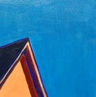 A vibrant, modern painting of a house with a purple side and an orange side with a window under a bright blue sky with a single moon by Elizabeth Payne titled “House in Moonlight”.