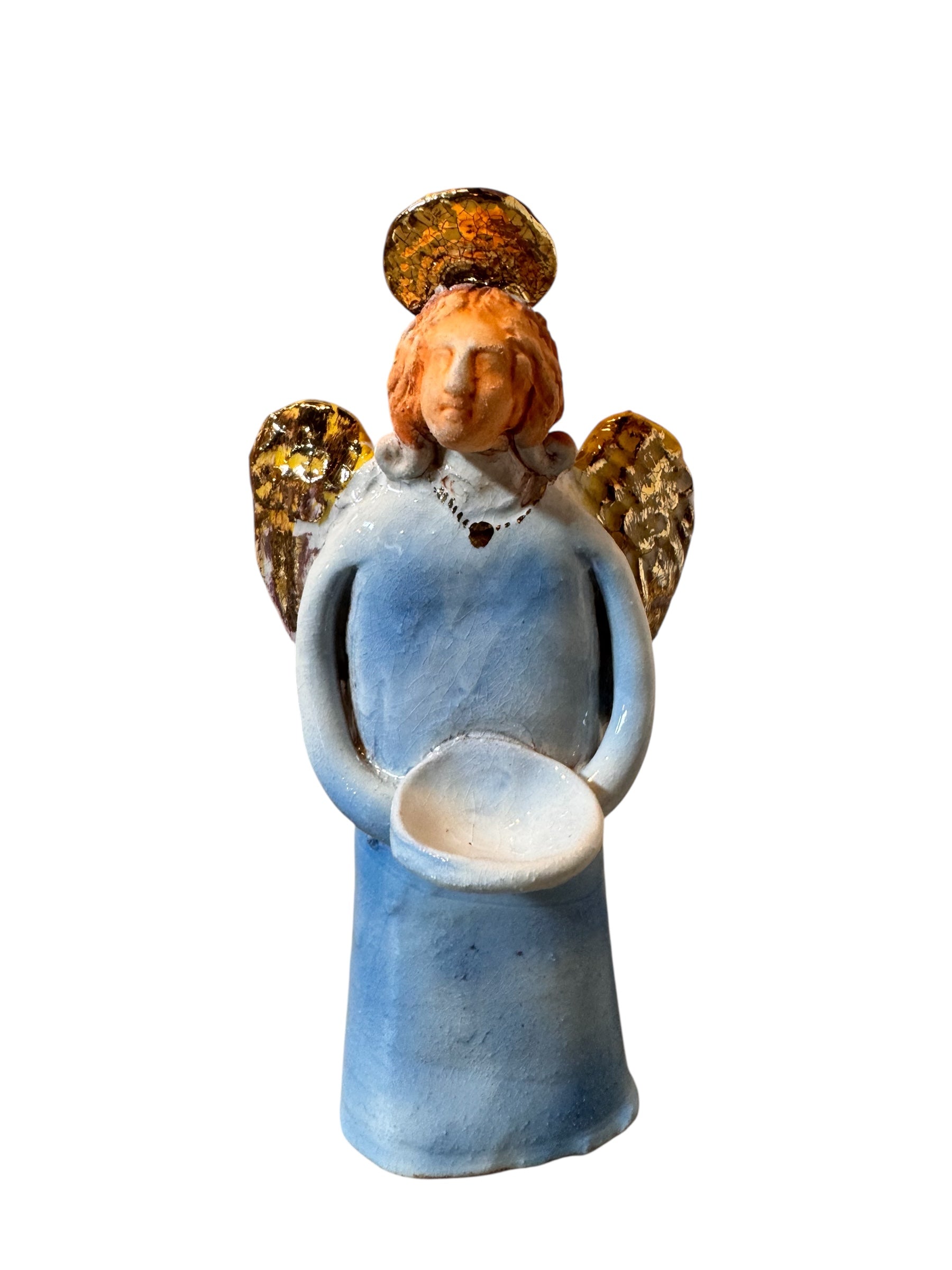 Angeli by Dominico Pinto, Angels, Sculptures, Table top ornaments, Gold accents, blue and white, geometric quilting, ceramic, folk art