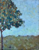 An oil painting by Laura Jacobson featuring three stylized trees with green and brown leaves in a field.
