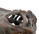a pair of matching Tyrannosaurus Rex skull sculptures facing inward toward each other against a solid white background. The resin or stone-like replicas are realistically detailed with a weathered, dark gray and brownish-rust finish. Both skulls are sculpted with their jaws wide open, showcasing rows of sharp, pointed teeth with stained orange and brown tips. The skull on the left is angled slightly to the right, and the skull on the right is angled slightly to the left, creating a symmetrical presentation.