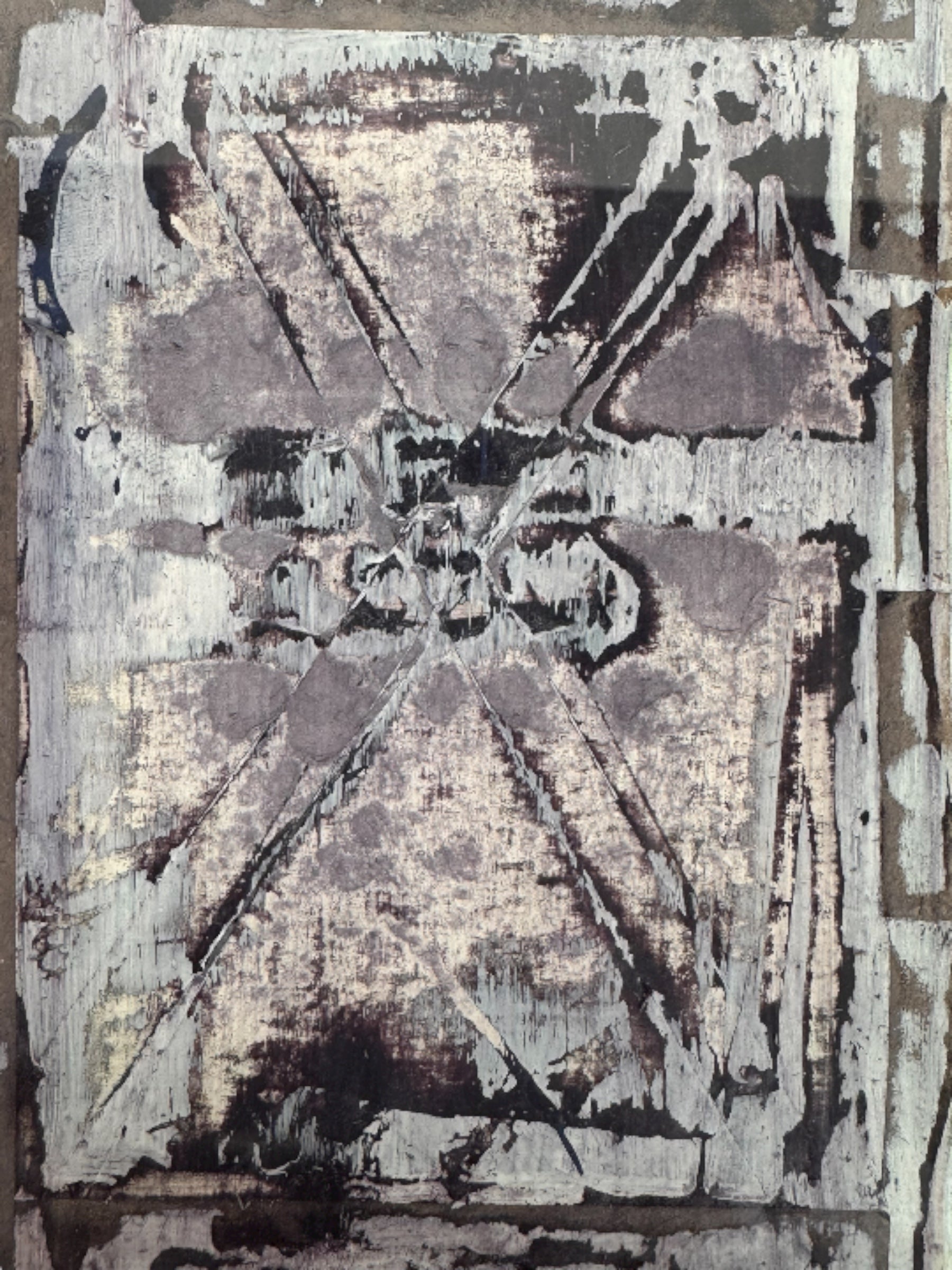 Framed mixed media artwork, 'No. 5' by Sherwin Skynear, 2000. Features abstract textured panels resembling an open book with a gray, white, and subtle colored palette.