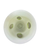 A mid-century modern, lime green cased-glass vase with a wide, flared rim and a thick, clear glass base. The exterior is a glossy chartreuse green, while the interior is lined with solid milk-white glass. The defining feature is a large, vertical oval cutout window that pierces directly through the center of the vase's body, creating an open-air negative space.