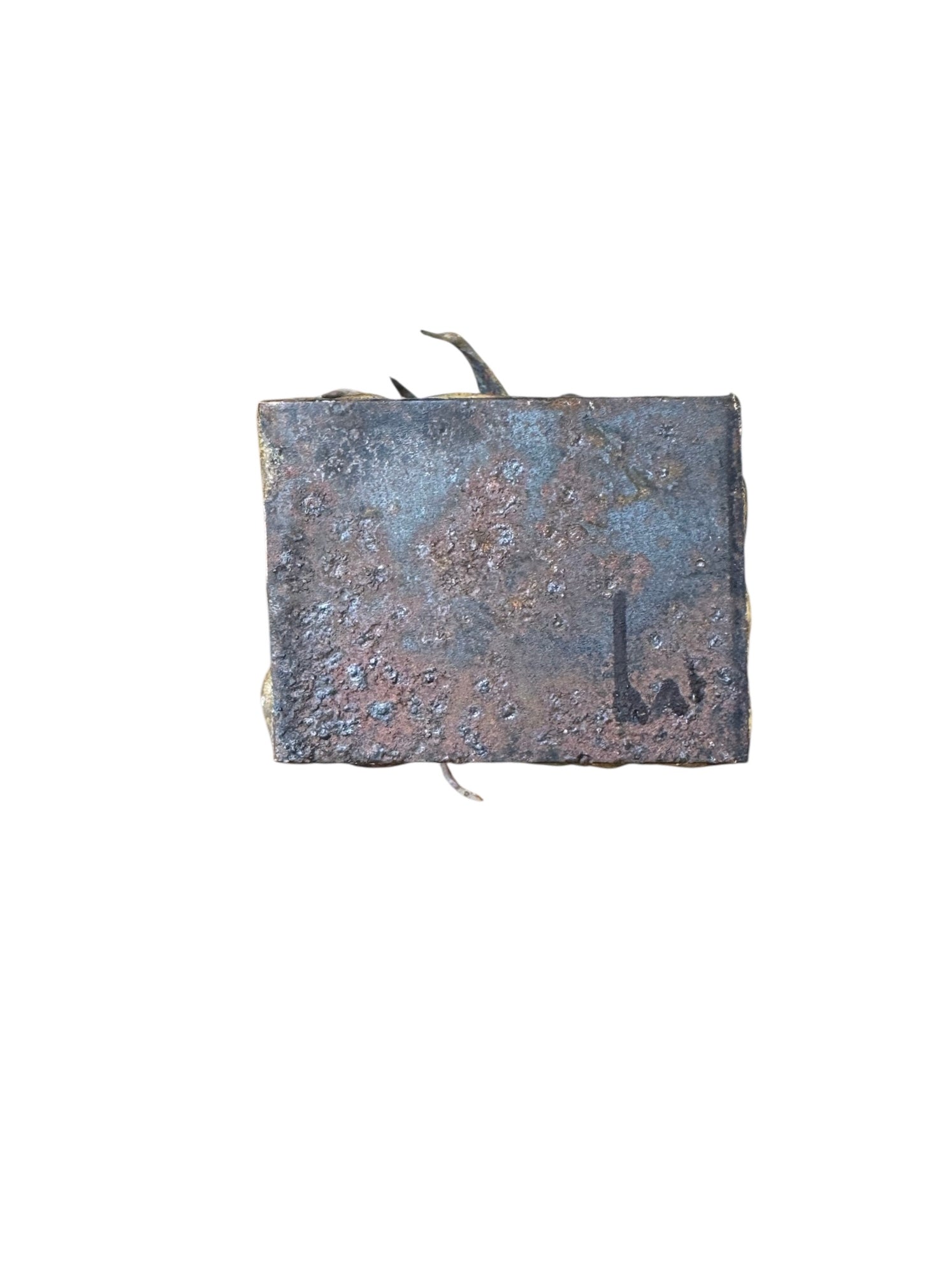 Mid-century Brutalist sculpture made of brass and bronze, depicting a stylized plant with textured, oxidized surfaces.