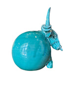 Glossy turquoise ceramic Ankole-Watusi sculpture with long, stylized horns and a nose ring.