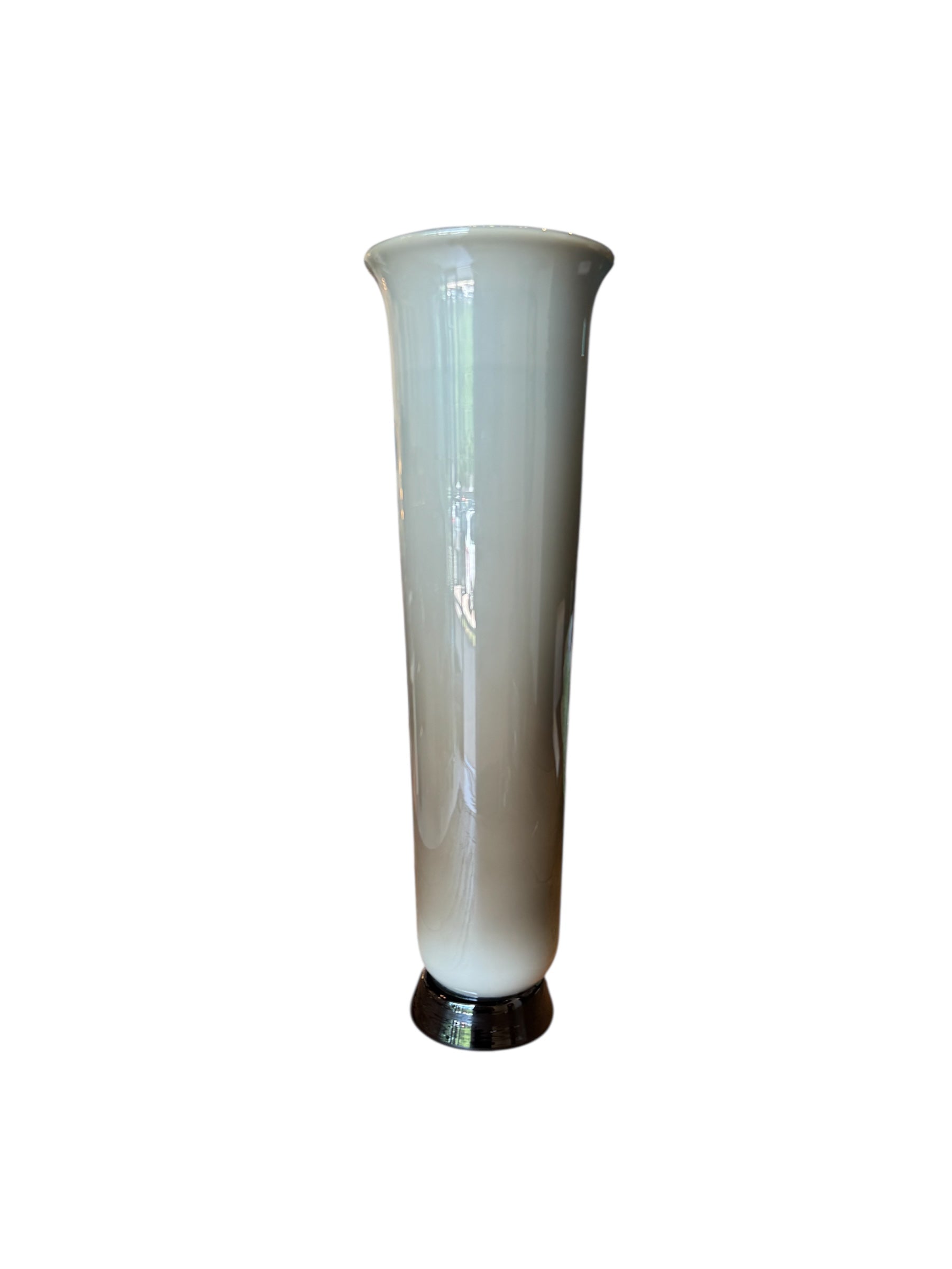 Image of a Venini Anni Trenta art glass vase, featuring a flared silhouette, Talpa colored exterior, and Acquamare interior, created using the Opalino technique
