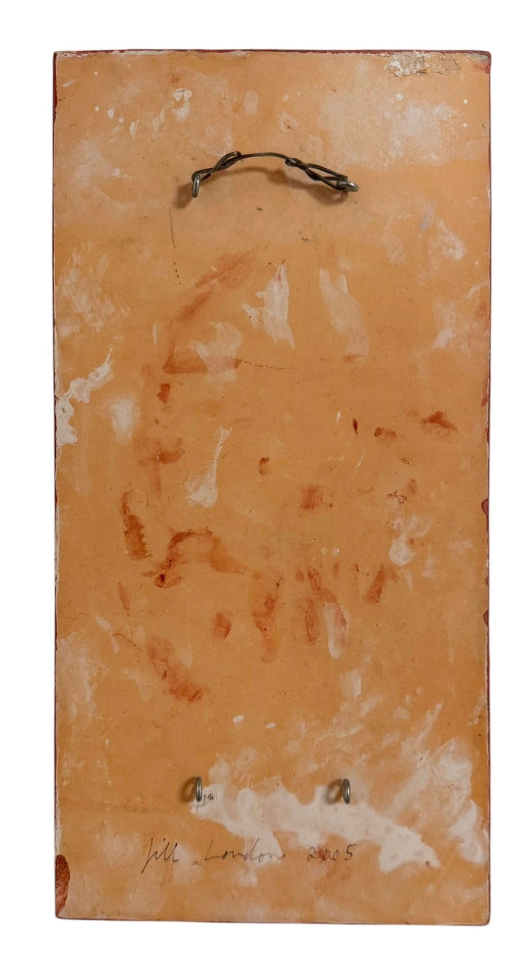 A vertical abstract work on a weathered gold-leaf panel. The upper section features bold, dark red calligraphic symbols resembling distorted kanji or script. Below, delicate, dotted white lines wind through the composition like strings of pearls or constellations. A slender, vertical form in vibrant red stands on the right, while muted, smoky-grey washes of paint ground the bottom of the piece.