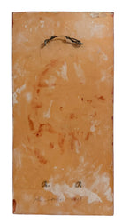 A vertical abstract work on a weathered gold-leaf panel. The upper section features bold, dark red calligraphic symbols resembling distorted kanji or script. Below, delicate, dotted white lines wind through the composition like strings of pearls or constellations. A slender, vertical form in vibrant red stands on the right, while muted, smoky-grey washes of paint ground the bottom of the piece.