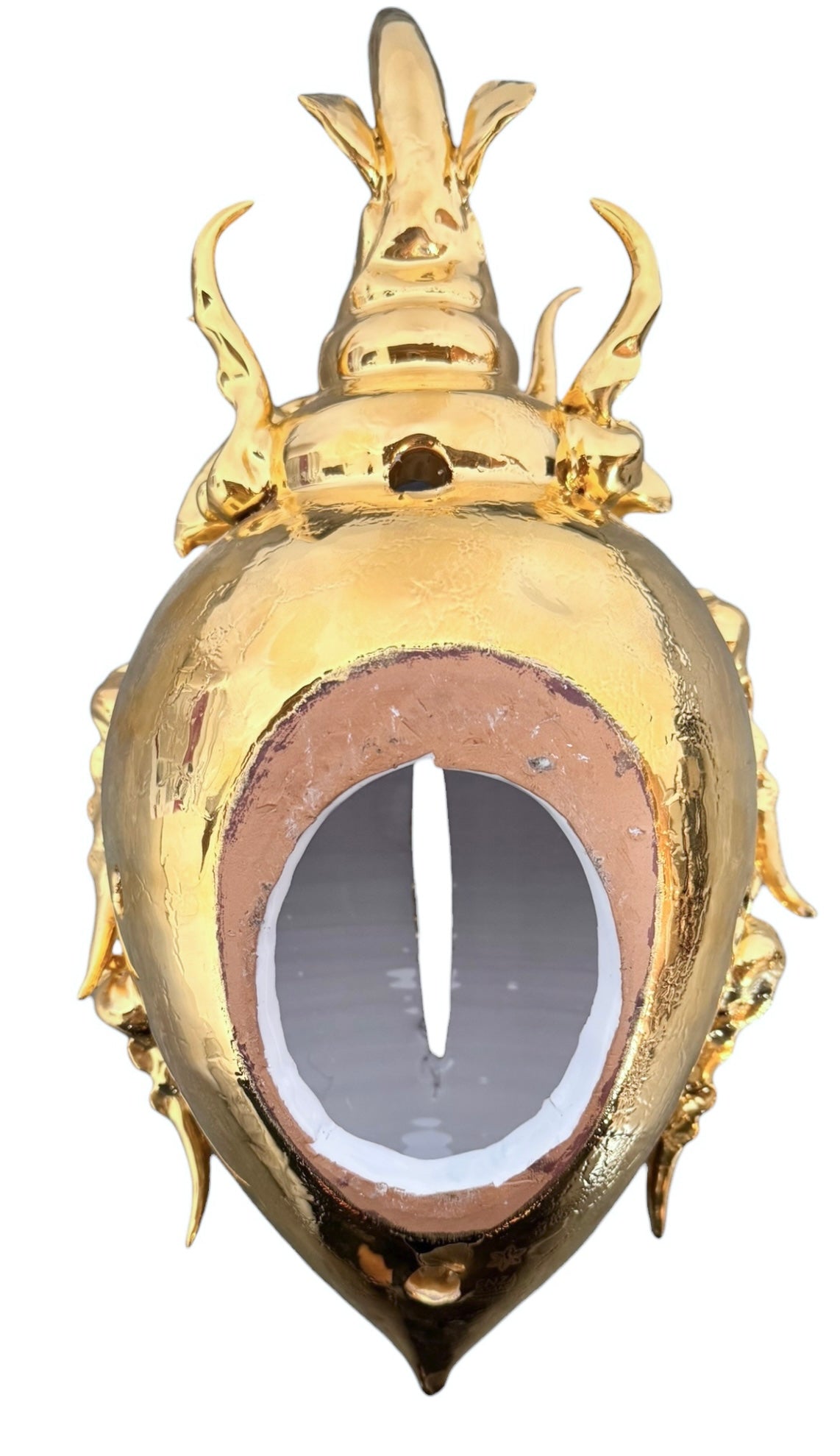 A handcrafted ceramic sculpture of a rhinoceros beetle by Enza Fasano, featuring a brilliant, high-gloss gold metallic finish. The beetle is captured in a dynamic, slightly upturned pose with detailed textures on its ribbed shell and prominent, curved horns. The piece reflects light across its polished surface, showcasing the artist’s signature fusion of traditional Pugliese pottery and contemporary luxury.