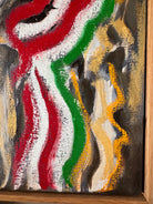 A close-up, angled view of an abstract oil painting titled 'Topography' by Robert Wymer. The painting's edge reveals thick, textured swirls of brown, gold, red, green, and white paint. It is framed in a natural light-brown teak wood frame, with a visible corner joint where two pieces of wood meet