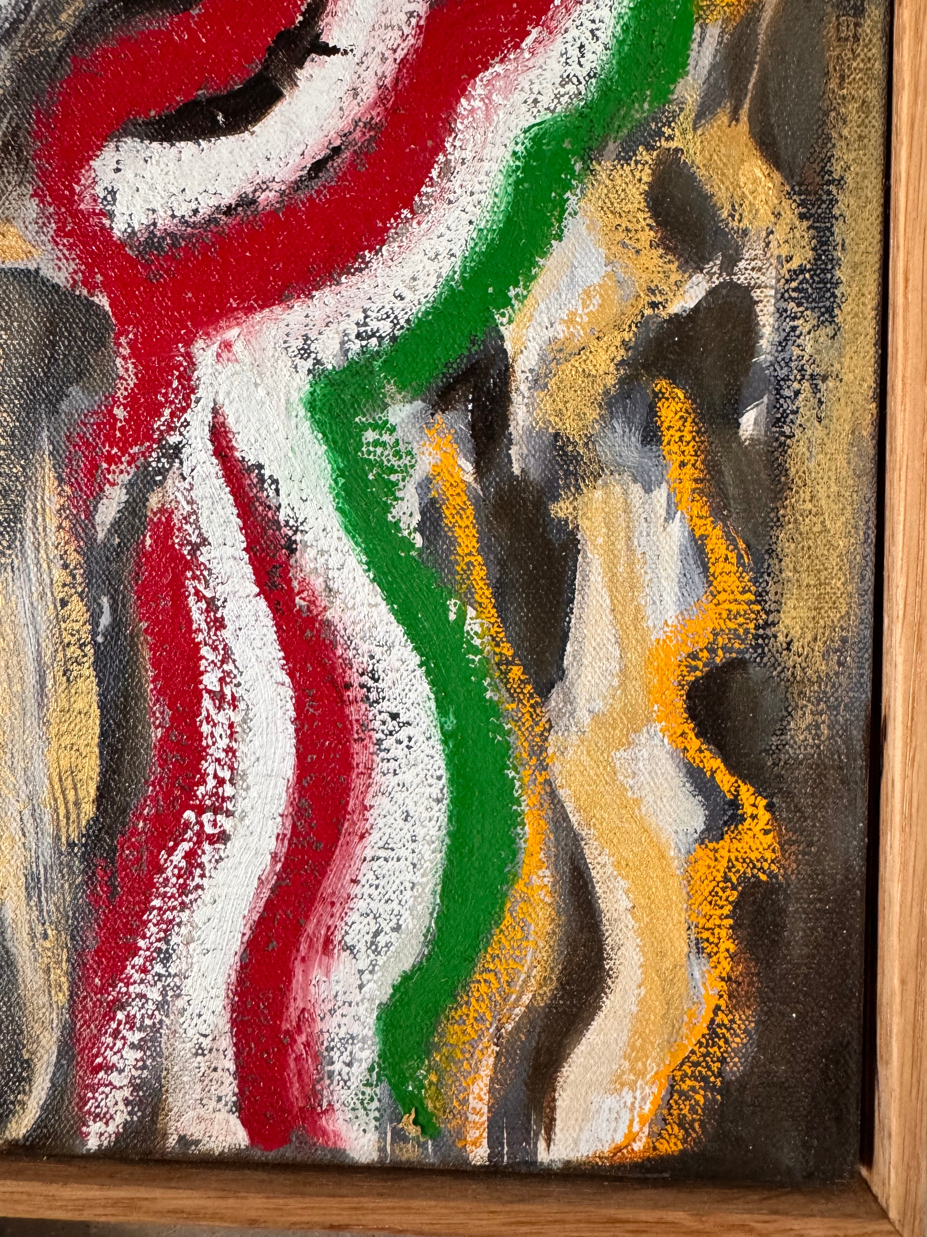 A close-up, angled view of an abstract oil painting titled 'Topography' by Robert Wymer. The painting's edge reveals thick, textured swirls of brown, gold, red, green, and white paint. It is framed in a natural light-brown teak wood frame, with a visible corner joint where two pieces of wood meet