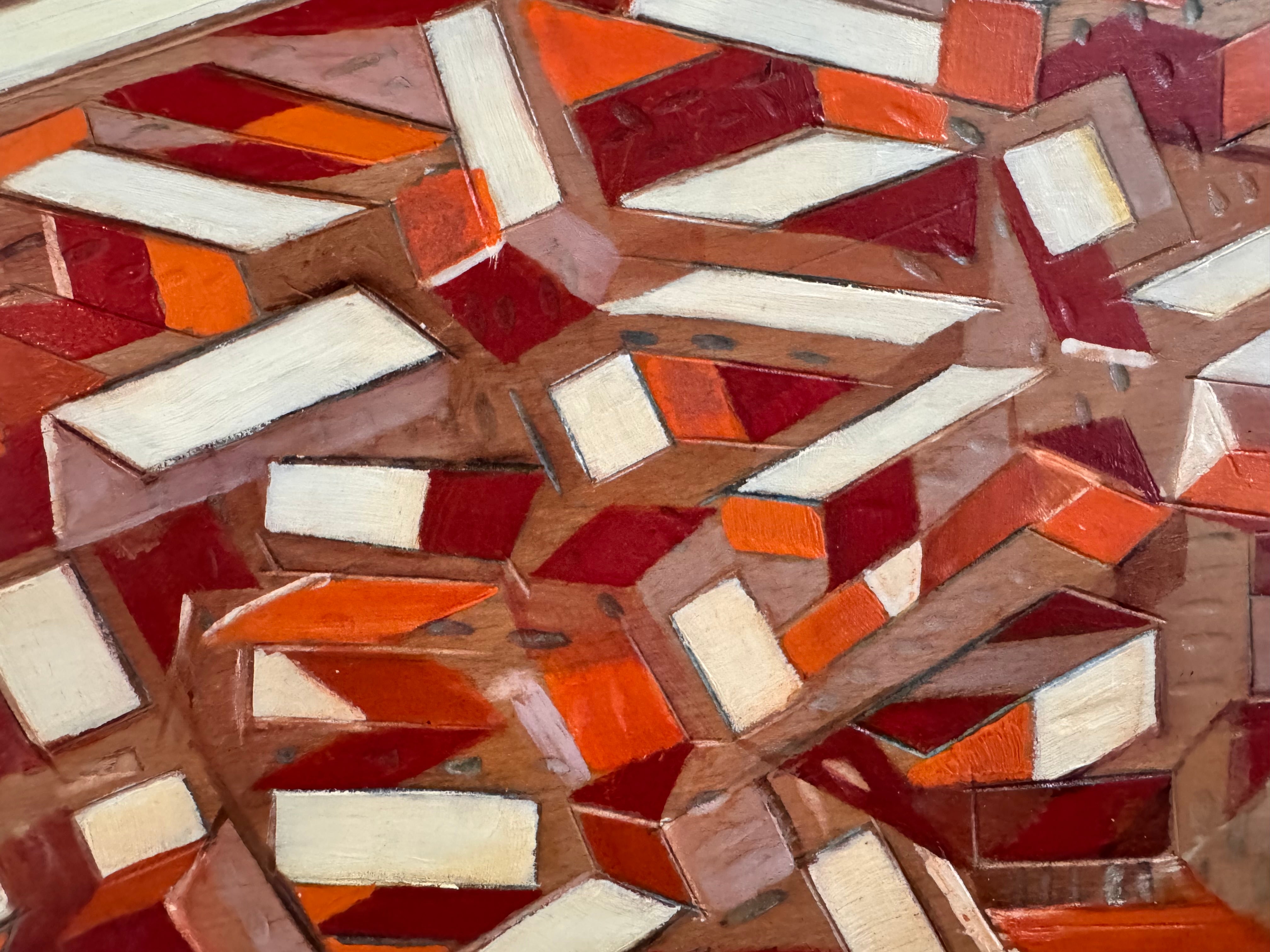 Abstract art piece with geometric shapes in red, orange, and beige.