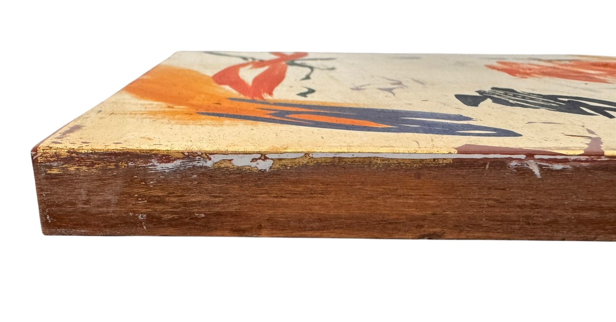 A vertical composition on a bright, reflective metallic background (likely silver or light gold leaf). The piece is defined by sparse, high-energy gestures: a sweeping arc of orange and red at the top, a central cluster of textured red paint, and a scattering of teal-blue "C" shapes and hooks. The metallic surface is highly visible, giving the piece a luminous, modern feel.