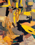 An abstract mixed media painting, titled "Summer Landscape" by Elsa Warner, featuring a dynamic composition of fragmented geometric and organic shapes in vibrant yellow, black, and earthy brown tones. 