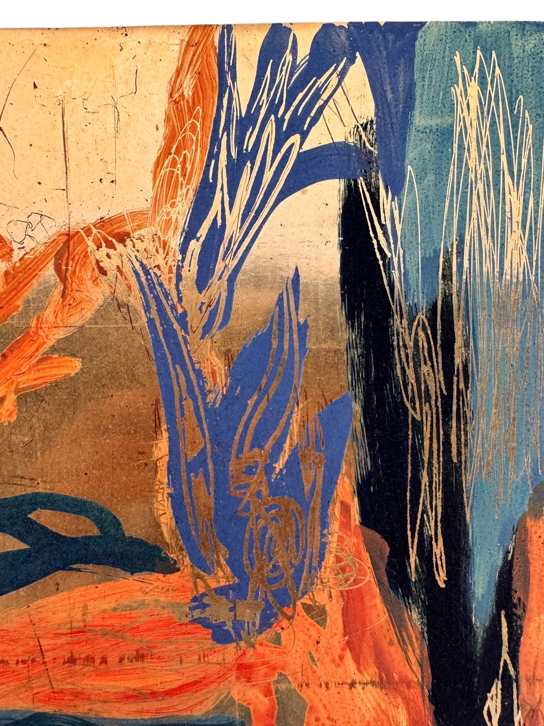 A vertical abstract painting on a shimmering gold-leaf background. The piece is filled with energetic, calligraphic scribbles and fluid shapes in vibrant orange, deep teal, and touches of red. The brushwork varies from thick, opaque strokes to thin, wiry lines that dance across the reflective surface. The composition feels organic and chaotic, like a dense thicket or a fire.
