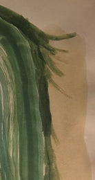 An abstract watercolor painting featuring a central red conical shape framed by large green arches, with a horizontal red wash at the bottom.