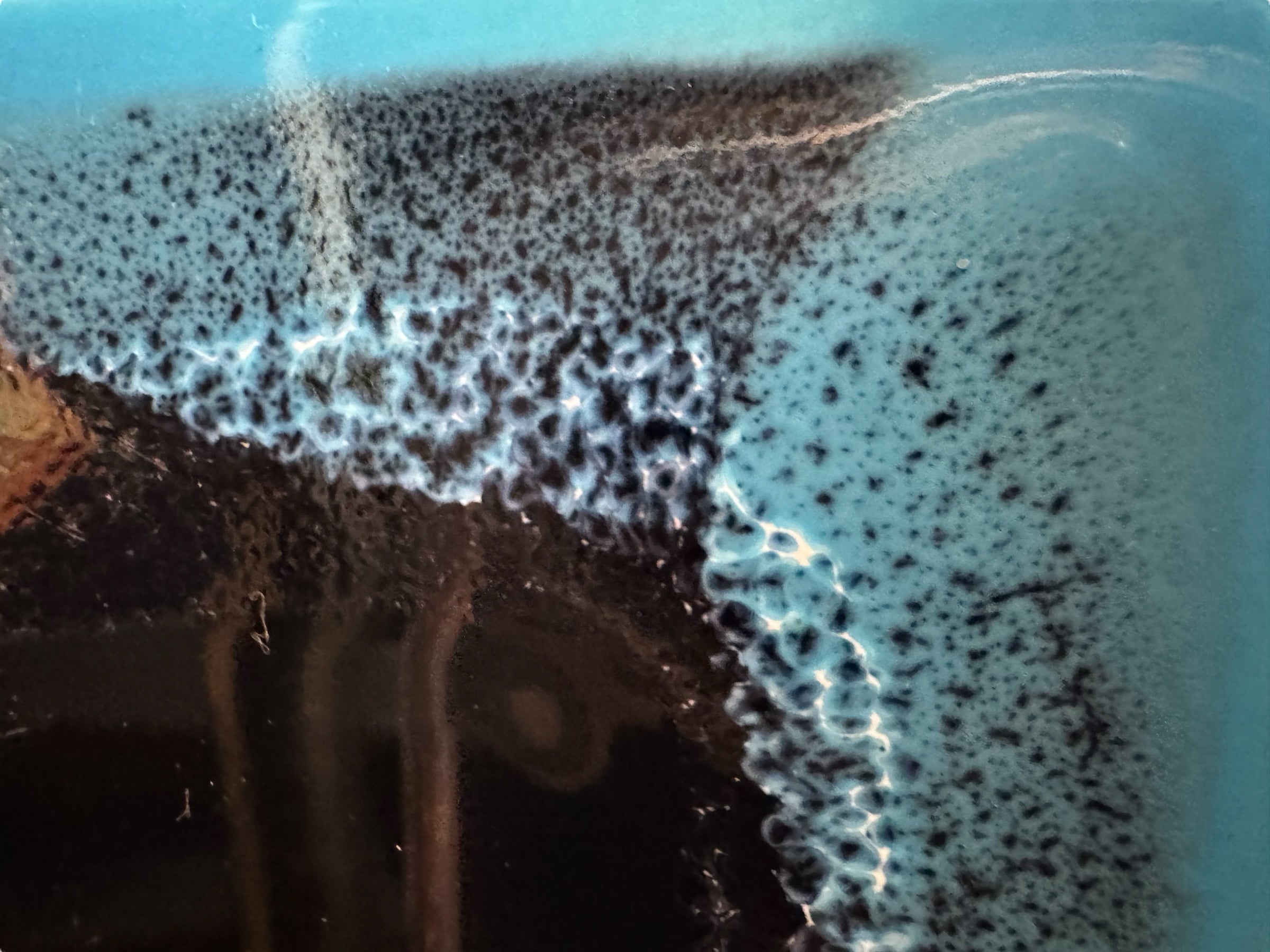 Close-up of a textured surface with black specks and a blue background