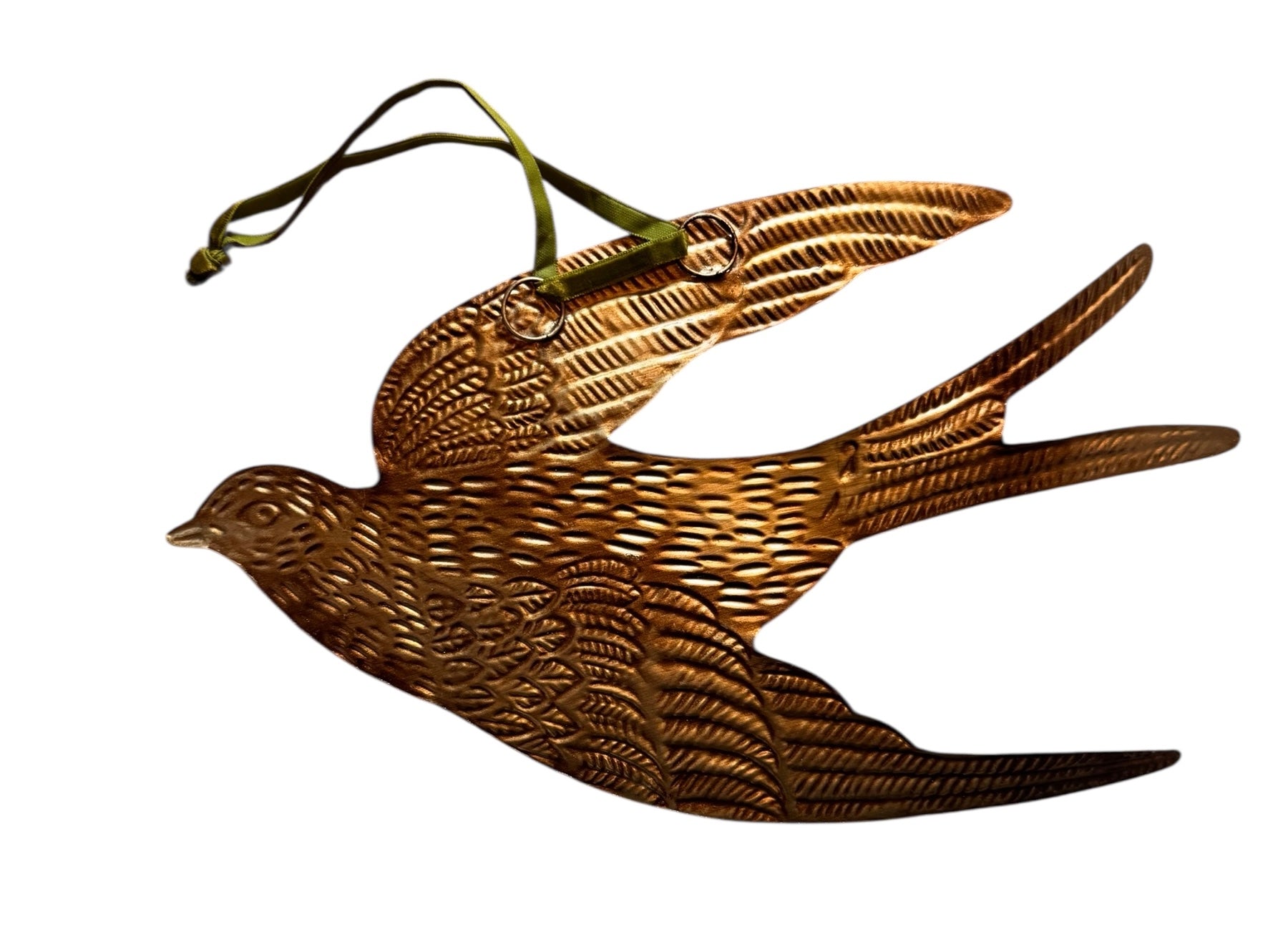 mage of a vintage-style, gilded tin bird with embossed feather detailing. A green velvet ribbon is attached. Front and back views shown.