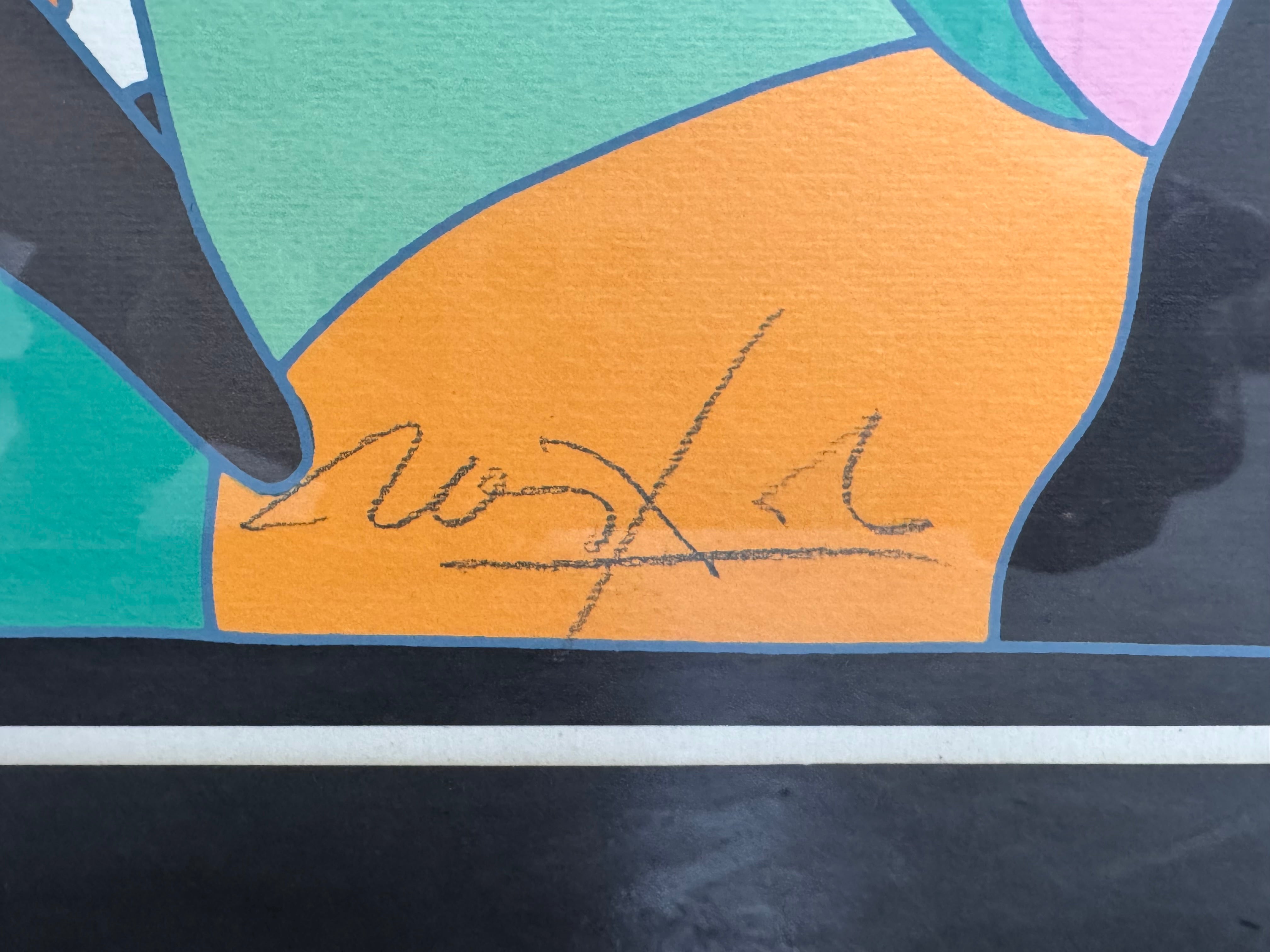 A pop art style image featuring a man in a hat and suit, an easel with art supplies including paintbrushes in a pot, and a sign in the background that reads "BARNUM & BAILEY" by Ugo Nespolo. The artwork uses a collage-like composition with geometric shapes and bold colors.