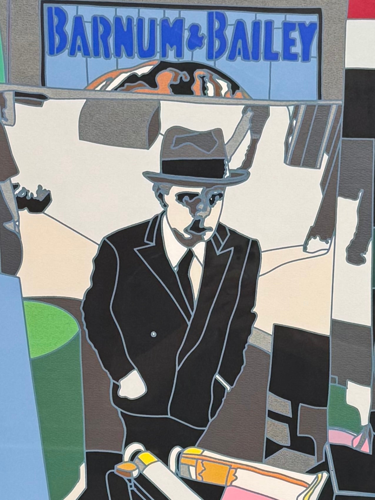 A pop art style image featuring a man in a hat and suit, an easel with art supplies including paintbrushes in a pot, and a sign in the background that reads "BARNUM & BAILEY" by Ugo Nespolo. The artwork uses a collage-like composition with geometric shapes and bold colors.