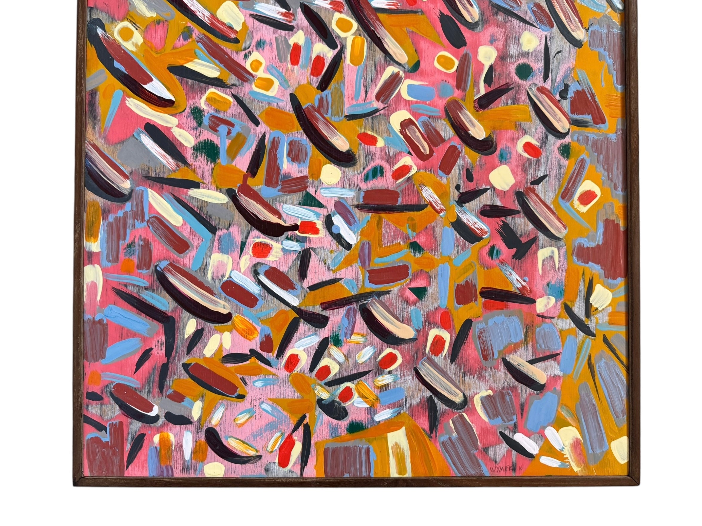 An abstract painting titled 'Cascade of Gold and Pink' by Robert Wymer, framed in dark wood. The artwork features a vibrant pink background densely covered with a dynamic arrangement of multi-directional, oblong, and dash-like brushstrokes in gold, red, blue, gray, white, and black.