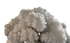 A dense, mounded white coral sculpture with a heavy, cauliflower-style growth pattern. The lobes are closely bunched together, covered in tiny, uniform bumps that give the piece a fuzzy or frosted visual texture.