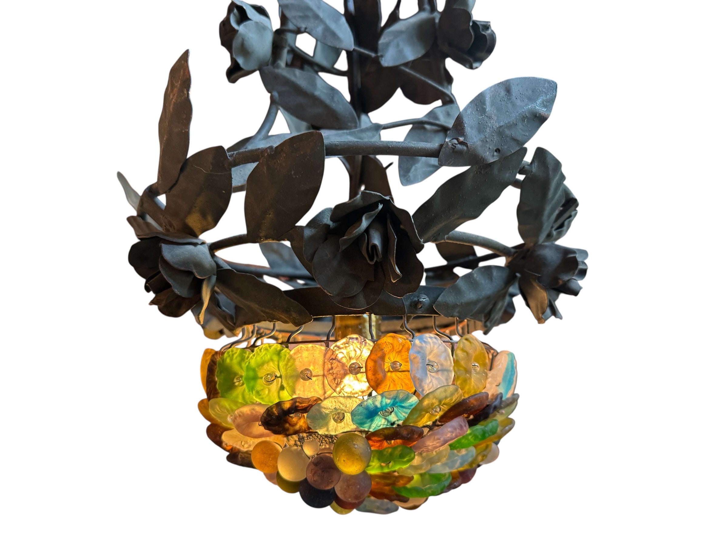 Toleware Lighting Fixtures, Chandelier, Vine shape, glass floral accents, metal, multicolored frosted glass, tole light