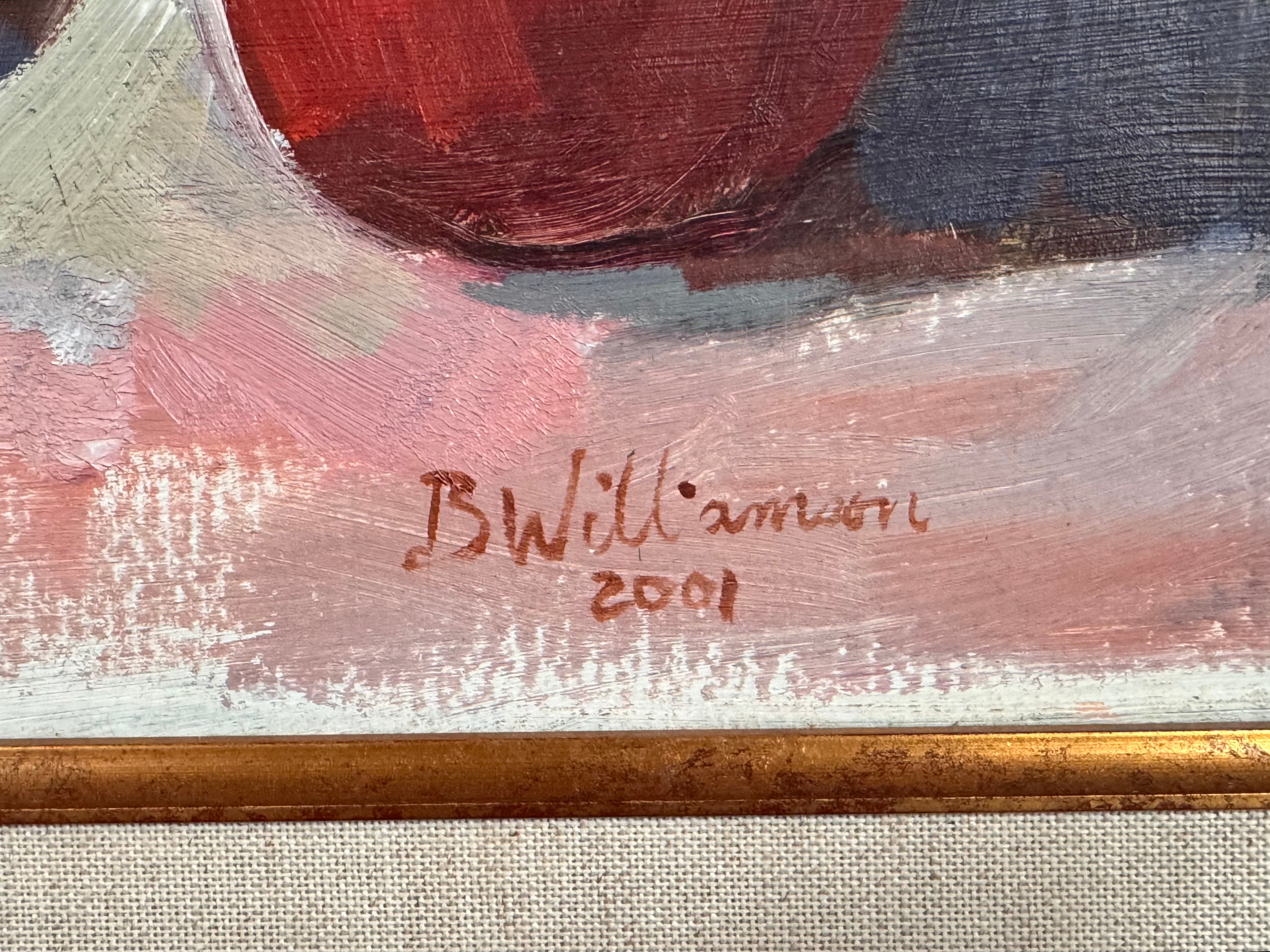 An oil painting still life featuring a copper teapot with a wooden handle, a blue glass vase, a red apple, a whole orange, and several orange slices, all arranged on a white tablecloth against a blurred purple and green background. The artist's signature "B. Willamson 2019" is visible in the bottom right corner.