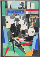 A pop art style image featuring a man in a hat and suit, an easel with art supplies including paintbrushes in a pot, and a sign in the background that reads "BARNUM & BAILEY" by Ugo Nespolo. The artwork uses a collage-like composition with geometric shapes and bold colors.