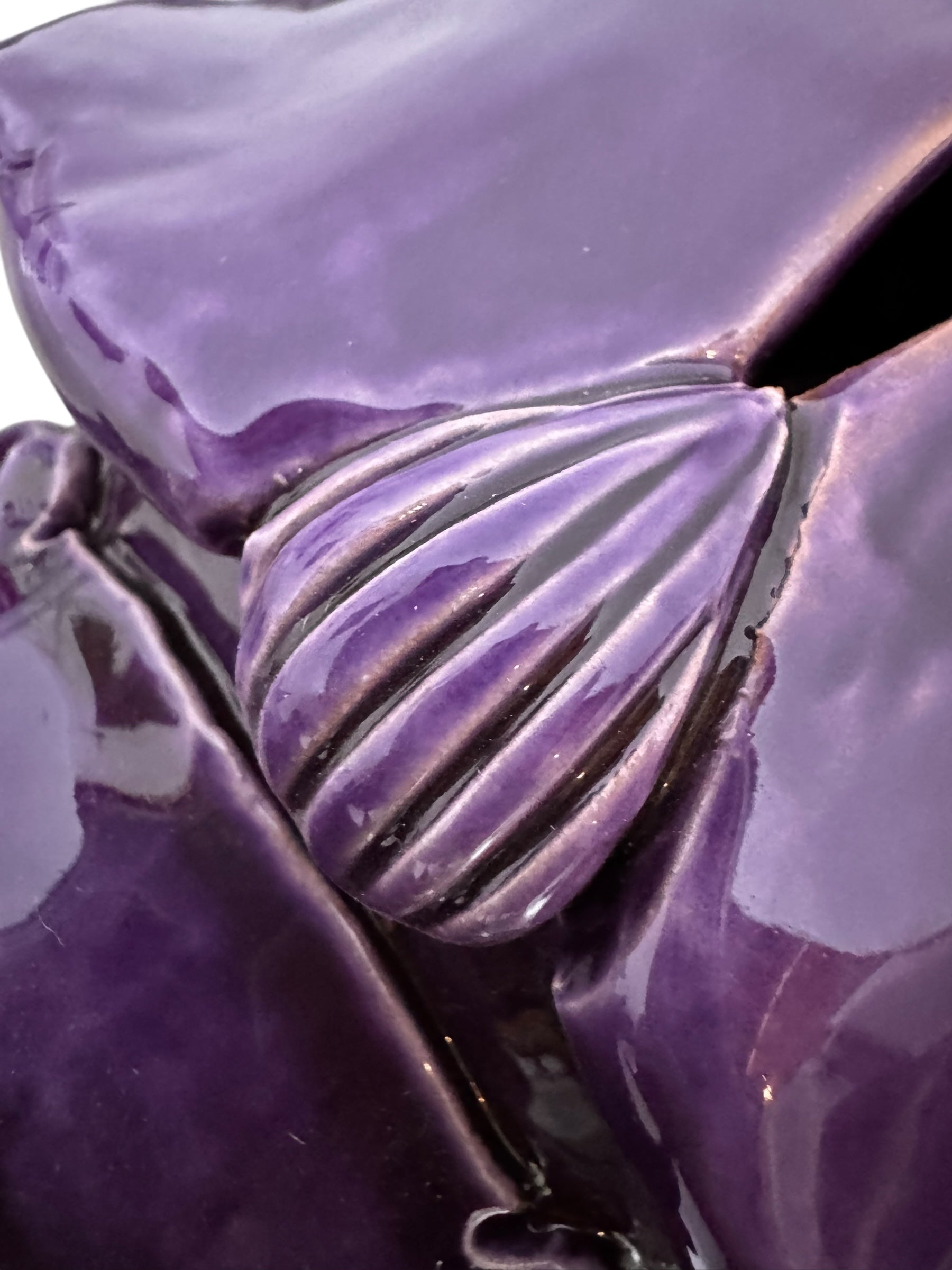 A glossy, deep purple ceramic sculpture of a beetle by Enza Fasano. The piece features a highly stylized and ornate design, blending insect-like anatomy with fantastical elements. It has a smooth, rounded shell and elongated, curved mandibles and appendages lined with sharp, thorn-like protrusions. The monochromatic glaze is reflective, highlighting the intricate sculptural details and textures of the avant-garde artwork.