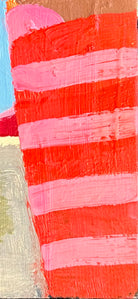 David Alysworth ‘Interfering Friends May Frown’ abstract oil painting in a brightly colored, abstract acrylic painting on canvas by depicting a landscape using thick, bold strokes of light blue, pink, orange, green, black, and brown a black wooden lacquered frame