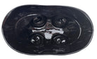A large, decorative ceramic bowl by Dolbi Cashier in a dramatic Postmodern style. The top half is finished in a polished, piano-black glaze with an organic, wavy "butterfly" rim that dips in the center and rises at the sides. The bottom half is finished in a reflective, metallic silver chrome glaze, featuring bold, geometric-rounded feet and a structured base that appears to "hold" the black vessel. The overall shape is wide and sculptural, reminiscent of 1980s Art Deco Revival.