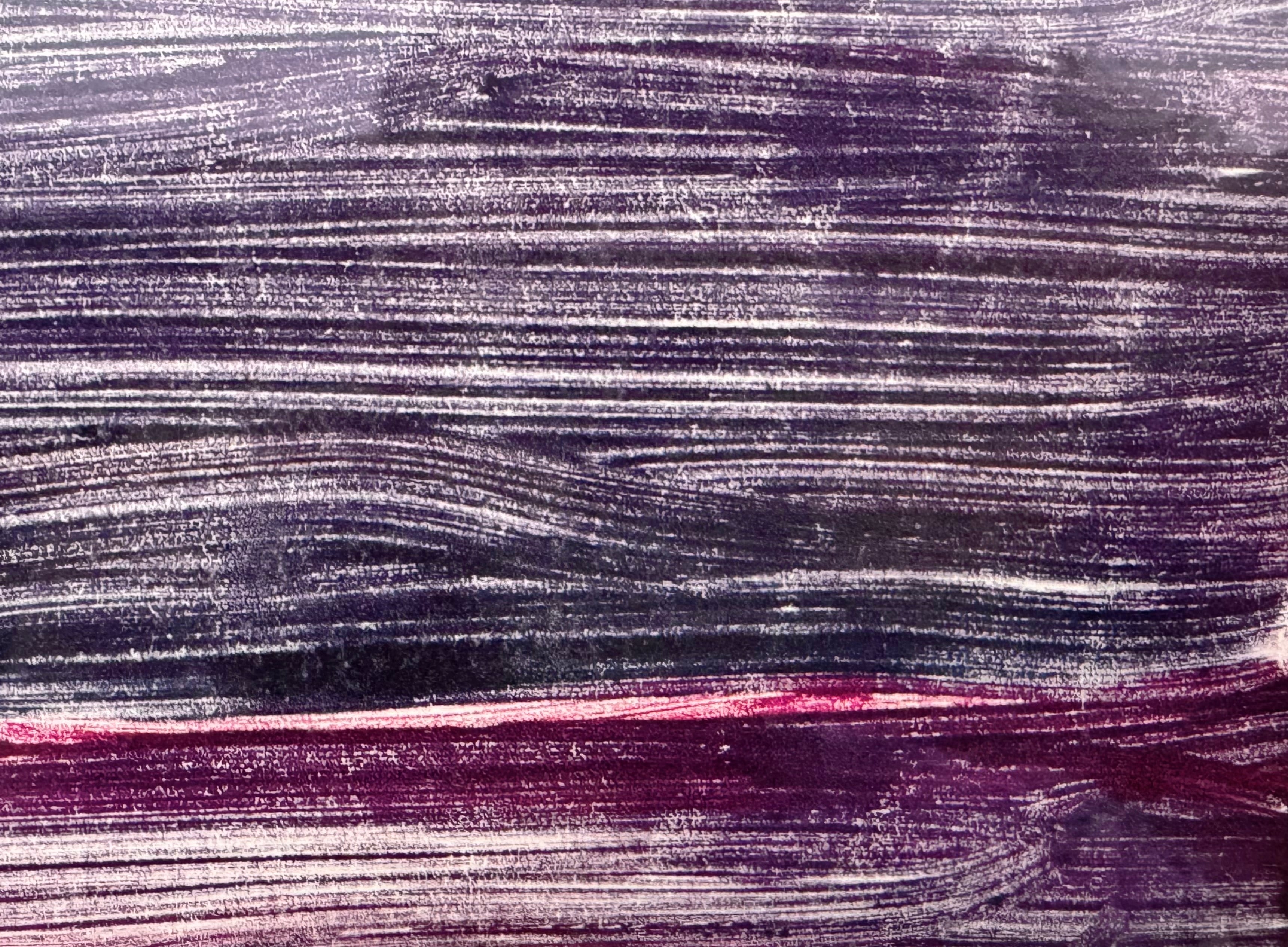 A horizontal, rectangular abstract print titled "Night Water" centered within a white mat and a thin gold frame. The artwork features dense, textured horizontal brushstrokes in deep shades of violet, indigo, and black. A prominent, gestural streak of vibrant red and a softer blush-pink band cut across the dark "water," suggesting a sunset reflection or light hitting a dark surface. The artist's signature, title, and the year 2004 are visible in pencil at the bottom.