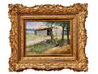 The artwork is a painting on porcelain plaque, titled "Chickens Foraging in a Barn Yard" by the American artist Paul E. Harney Jr. (1850-1915). It is housed in an ornate, gilt frame. The painting depicts a rural scene with several chickens on a grassy ground near a small structure with a thatched roof and a white picket fence in the background