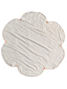 A round, cream-colored tablecloth featuring a dramatic, scalloped border shaped like six large flower petals. The border is intricately embroidered with a coastal motif including pink starfish, seashells, and teal-blue swirling waves. Gold beaded accents line the inner circular seam and the outer edges.
A long, narrow cream runner with matching scalloped, wavy edges. It is adorned with the same nautical embroidery of pink starfish and seashells scattered across the center and concentrated along the edge.