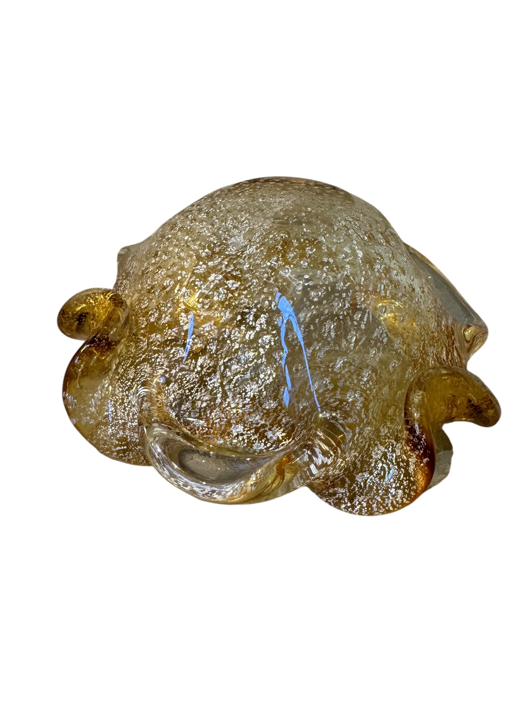 A  vintage Italian Murano glass bowl with a yellow hue, gold Aventurine inclusions, and a bubbly (Bullicante) texture. The bowl is flower-shaped with crimped edge