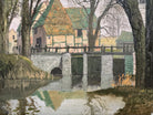 A naturalistic landscape oil painting by Michael Reilly titled "Mill Pond with Bridge" depicts a small town scene with a stone bridge over a mill pond, several buildings, and numerous bare trees under a grey sky