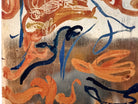 An abstract mixed-media painting on a vertical rectangular panel with a reflective, metallic gold and copper background. The composition features fluid, expressive brushstrokes in warm orange, ochre, and deep blue.
The orange strokes are thick and organic, resembling swirling flames or floral petals, while the blue marks consist of thin, lyrical lines and looped scribbles that dance across the surface. The metallic substrate is visible through the translucent paint, creating a play of light and texture