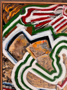 A close-up, angled view of an abstract oil painting titled 'Topography' by Robert Wymer. The painting's edge reveals thick, textured swirls of brown, gold, red, green, and white paint. It is framed in a natural light-brown teak wood frame, with a visible corner joint where two pieces of wood meet