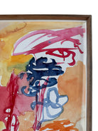 A vertical watercolor painting on paper, framed in a simple dark wood frame. The piece consists of a lively arrangement of gestural, loopy shapes and washes in a warm palette of apricot, magenta, and deep navy blue. The shapes are layered and translucent, with some areas featuring saturated "blooms" of color and others showing thin, wiry line work. The artist's signature and the year '97 are visible in the bottom right corner.