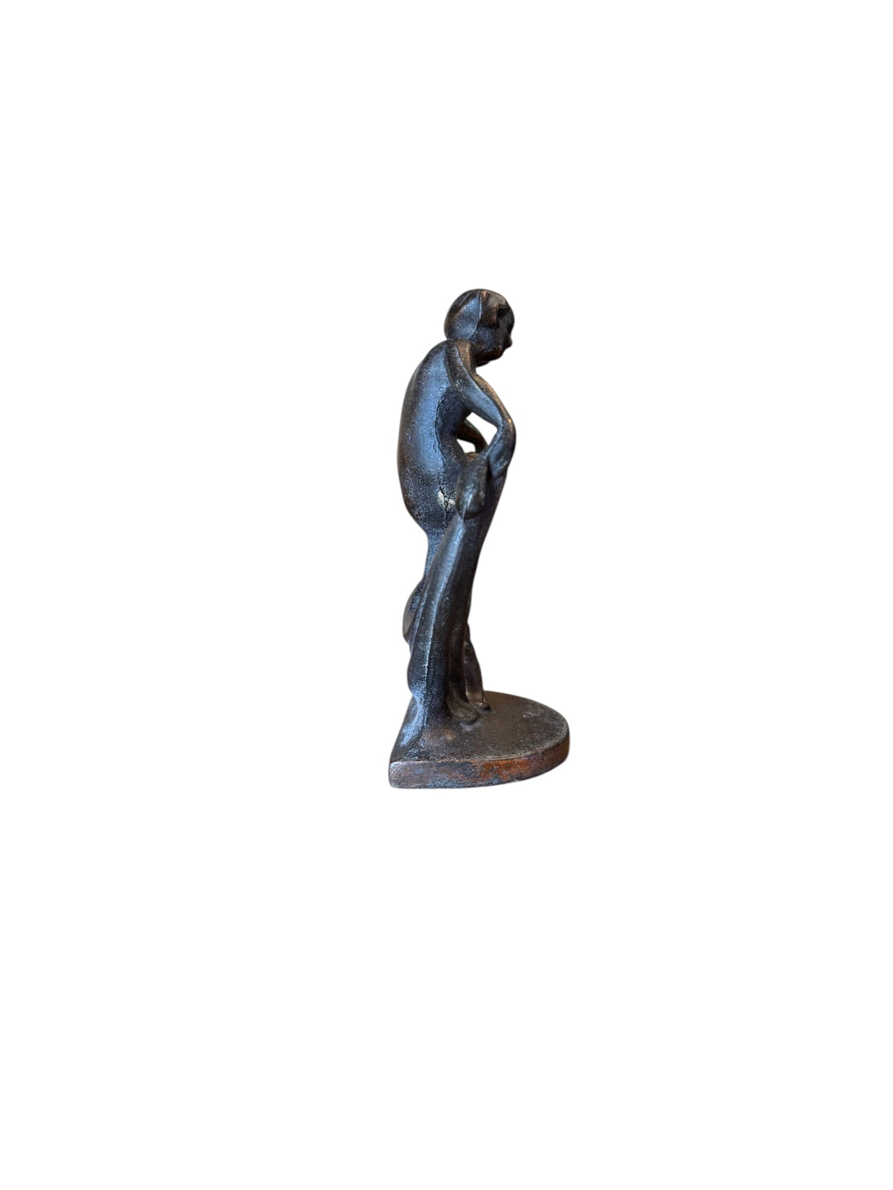 Two cast iron bookends in the Art Deco style. Each features a nude female figure leaning gracefully with one leg extended, posed atop a stylized wave or drape. The bookends have a bronze-colored finish and a vintage appearance.