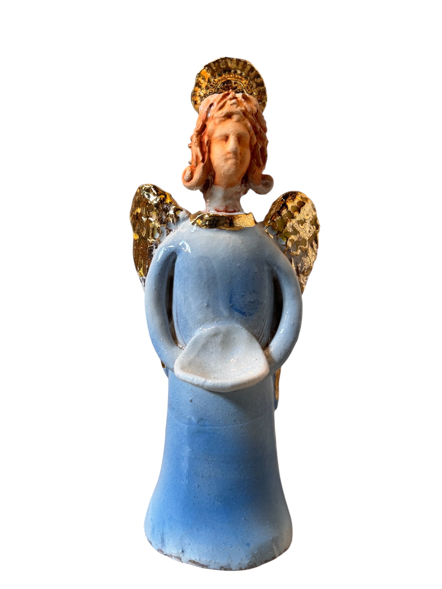 Angeli by Dominico Pinto, Angels, Sculptures, Table top ornaments, Gold accents, blue and white, geometric quilting, ceramic, folk art